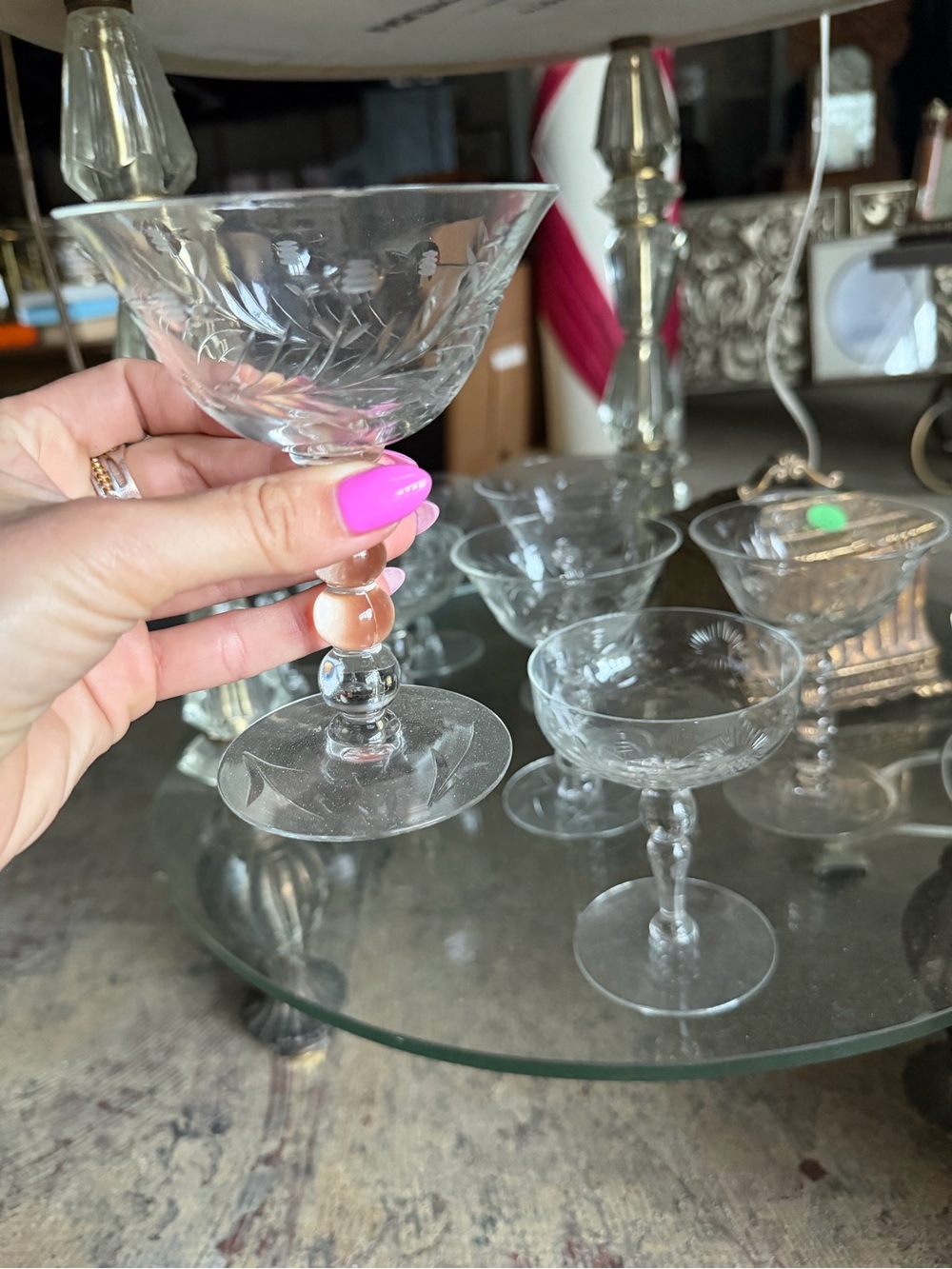 8 vintage Etched Glass Coupe Set with Beaded Stems